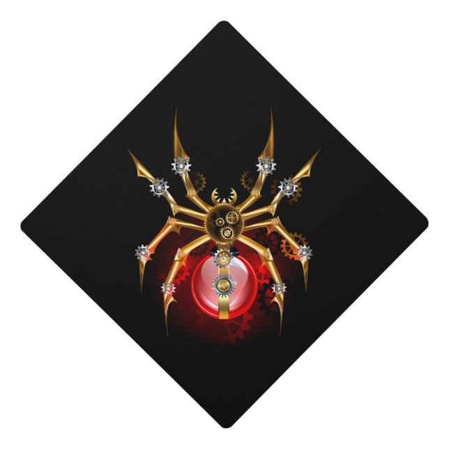 Steampunk spider on black graduation cap topper (Front)