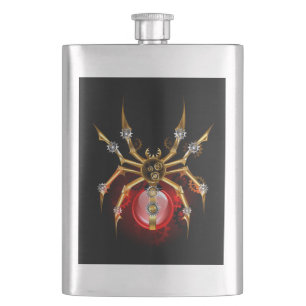 Steampunk spider on black hip flask