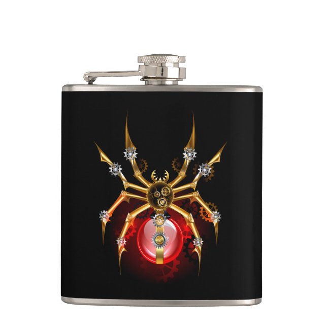 Steampunk spider on black hip flask (Front)