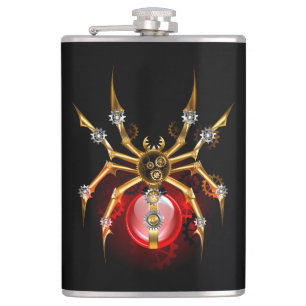 Steampunk spider on black hip flask