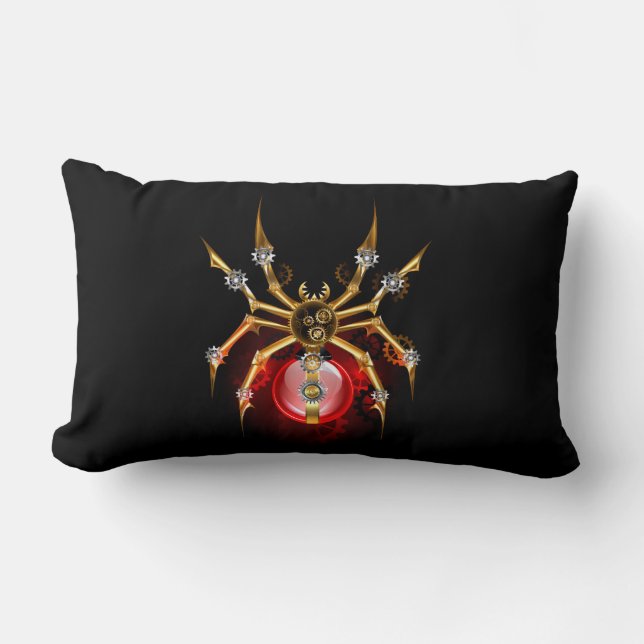 Steampunk spider on black lumbar pillow (Front)