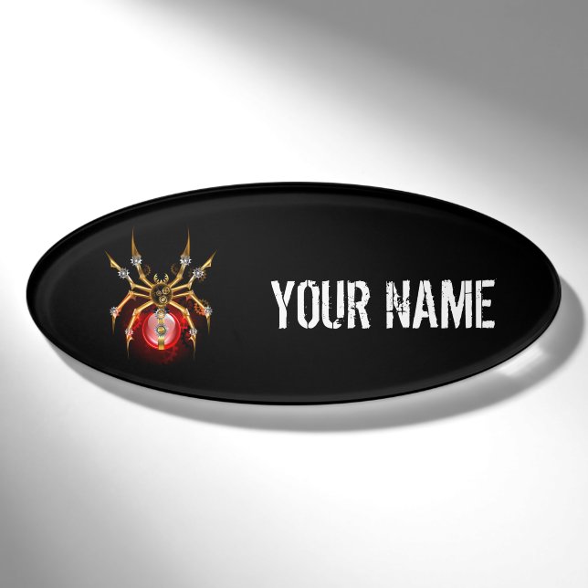 Steampunk spider on black name tag (Front)