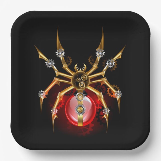 Steampunk spider on black paper plate (Front)