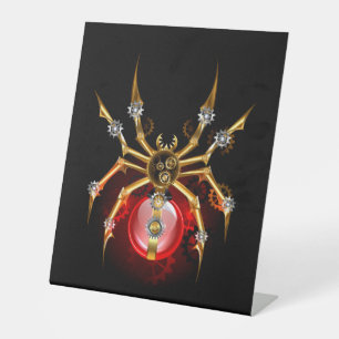Steampunk spider on black pedestal sign