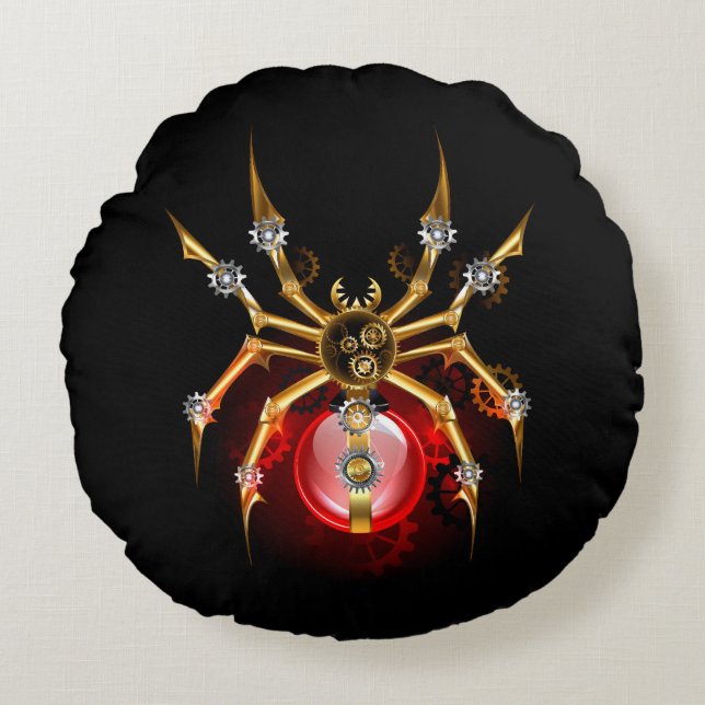 Steampunk spider on black round pillow (Front)
