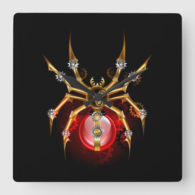 Steampunk spider on black square wall clock (Front)
