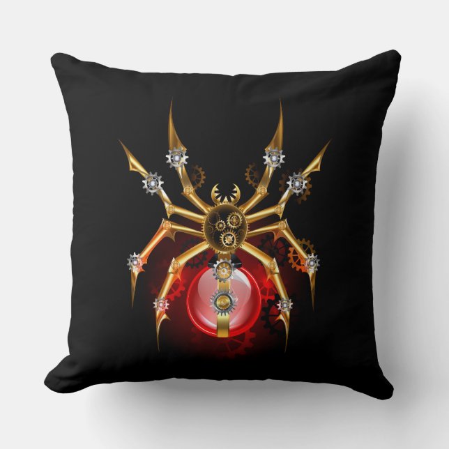 Steampunk spider on black throw pillow (Front)