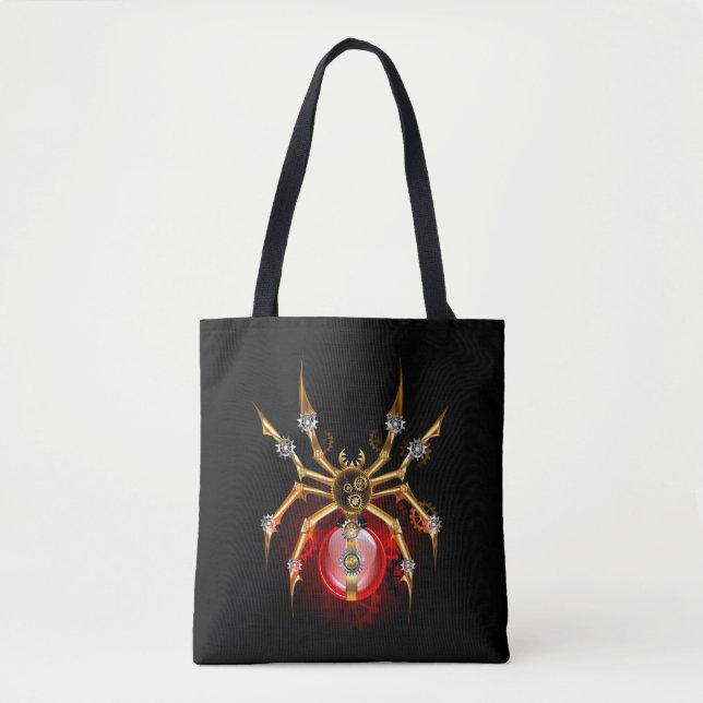 Steampunk spider on black tote bag (Front)