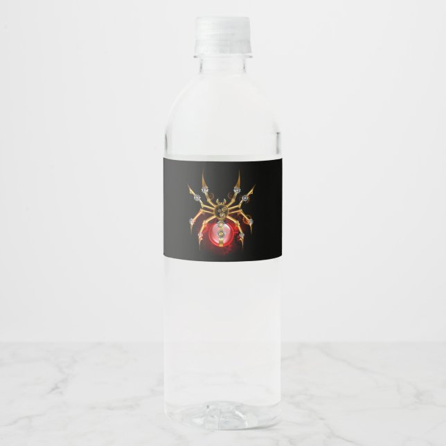 Steampunk spider on black water bottle label (Front)
