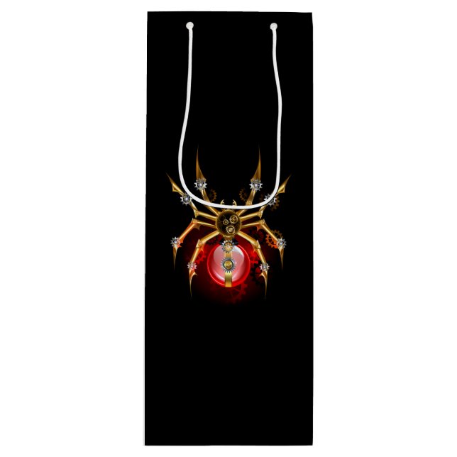 Steampunk spider on black wine gift bag (Front)