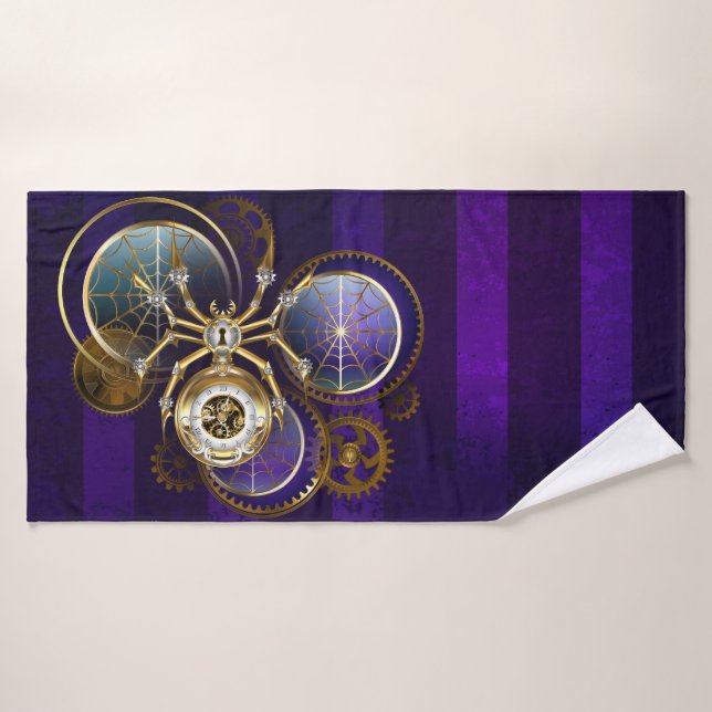 Steampunk Spider on Purple Background Bath Towel (Bath Towel)