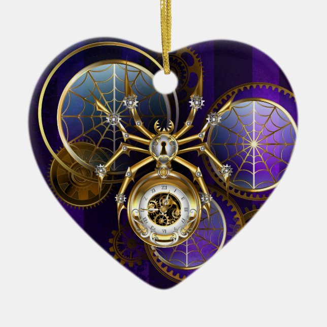 Steampunk Spider on Purple Background Ceramic Ornament (Front)