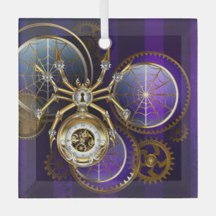 Steampunk Spider on Purple Background Glass Ornament
