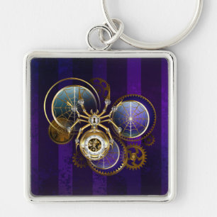 Steampunk Spider on Purple Background Keychain