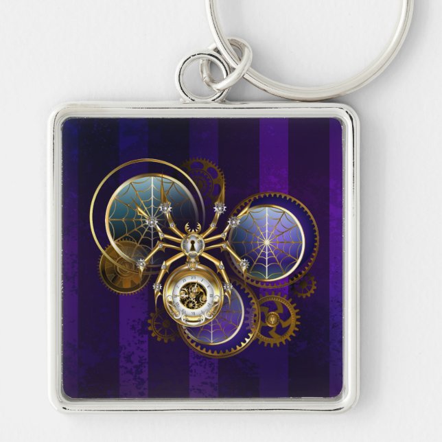 Steampunk Spider on Purple Background Keychain (Front)