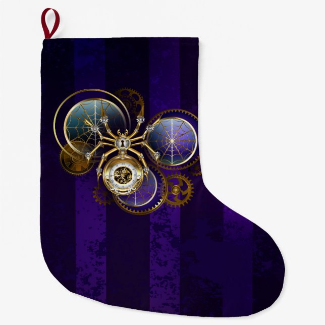 Steampunk Spider on Purple Background Large Christmas Stocking (Front)