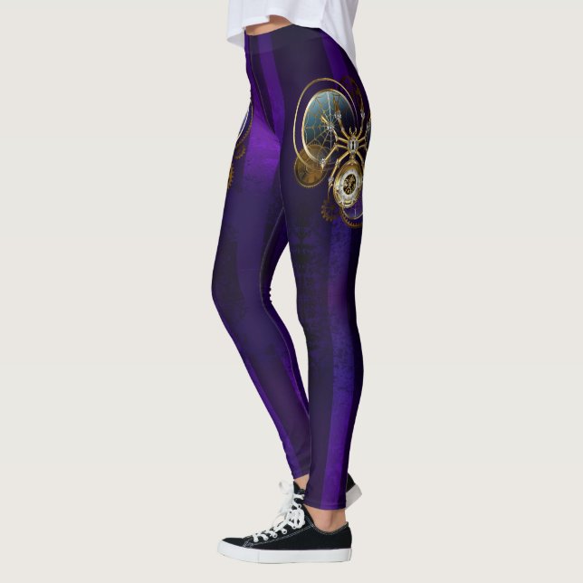 Steampunk Spider on Purple Background Leggings (Left)