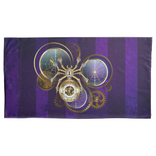 Steampunk Spider on Purple Background Pillowcase