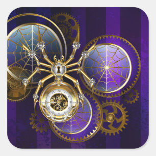 Steampunk Spider on Purple Background Square Sticker