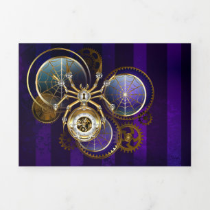 Steampunk Spider on Purple Background Tri-Fold Holiday Card