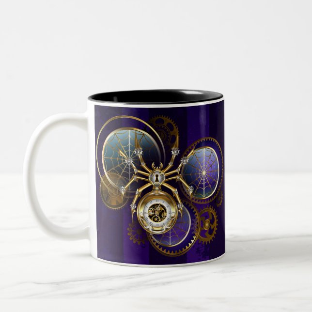 Steampunk Spider on Purple Background Two-Tone Coffee Mug (Left)
