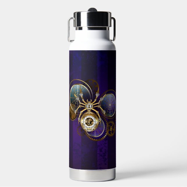 Steampunk Spider on Purple Background Water Bottle (Front)