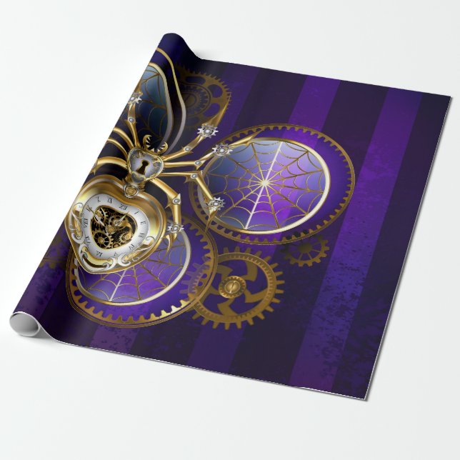 Steampunk Spider on Purple Background Wrapping Paper (Unrolled)
