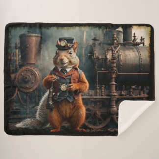 Steampunk Squirrel and Train Sherpa Blanket