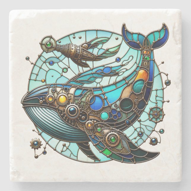 Steampunk Stained Glass Whale Stone Coaster (Front)