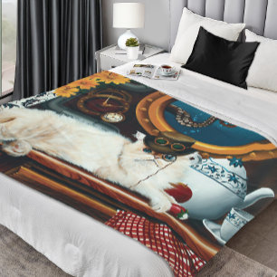 Steampunk Submarine Cat Tea Fleece Blanket