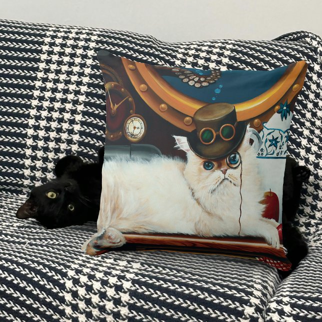 Steampunk Submarine Cat Tea Throw Pillow (Creator Uploaded)