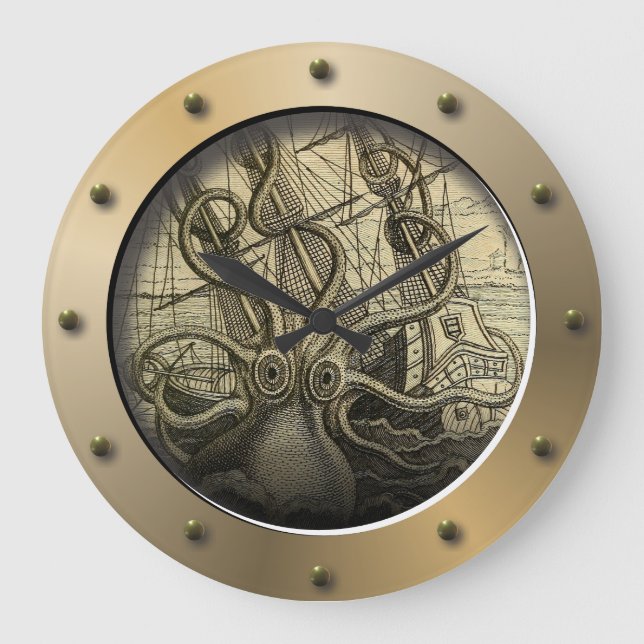 Steampunk Submarine Porthole Giant Octopus Large Clock (Front)