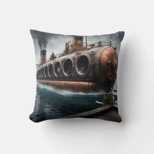 Steampunk Submersible Ocean-liner Throw Pillow (Front)