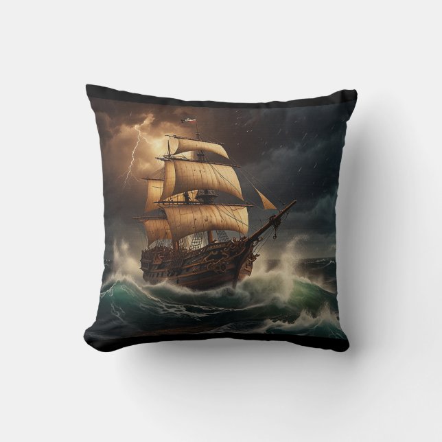 Steampunk Submersible Ocean-liner Throw Pillow (Front)