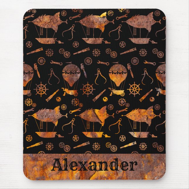 Steampunk Super Colorful Rusty Airship Custom Name Mouse Pad (Front)