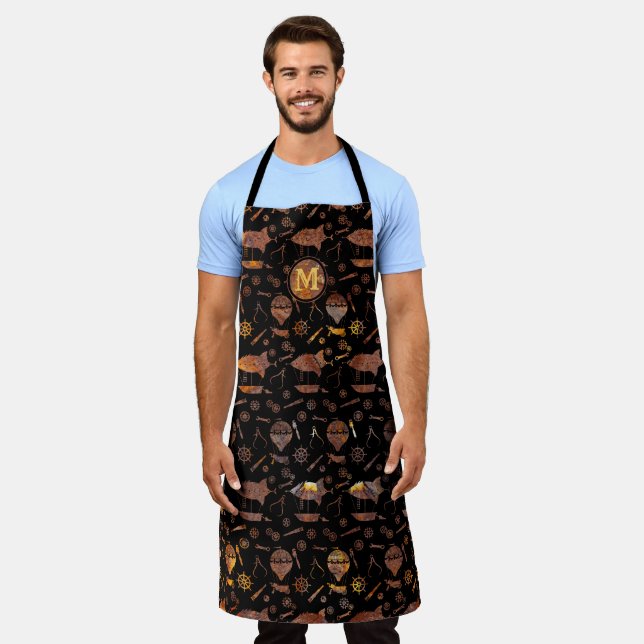 Steampunk Super Colourful Rust Airships Monogram Apron (Worn)