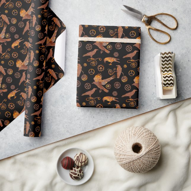 Steampunk Super Colourful Rusty Gears and Crows Wrapping Paper (Crafts)
