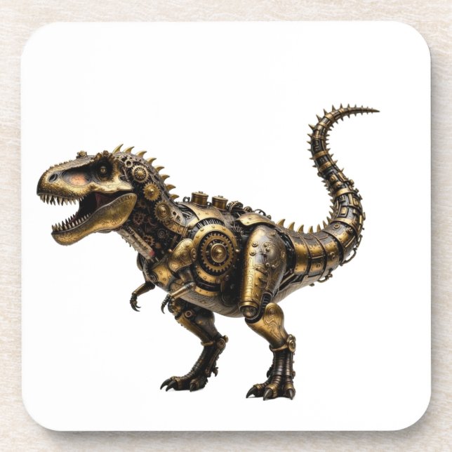 Steampunk T-Rex Mech – Brass Dino Beast Coaster (Front)