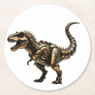 Steampunk T-Rex Mech – Brass Dino Beast Round Paper Coaster
