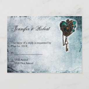 Steampunk Teal Heart RSVP Postcard