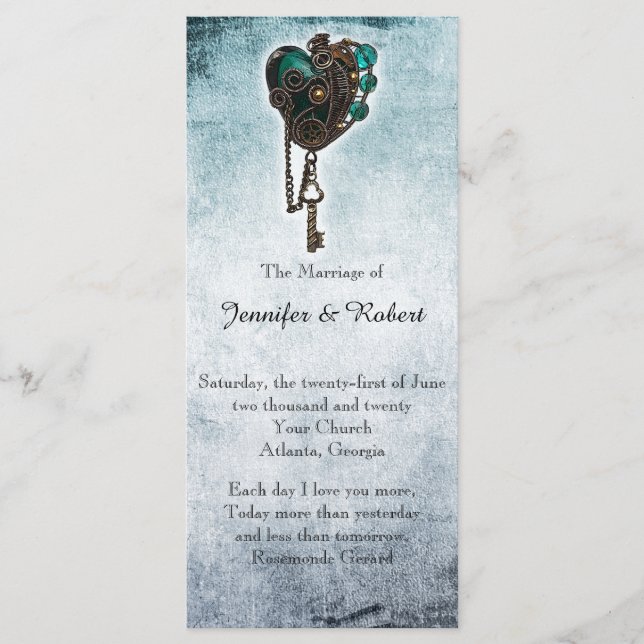 Steampunk Teal Heart Wedding Program (Front)