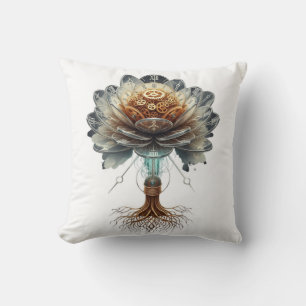 Steampunk Temporal Bloom: Mechanical Nature Engine Throw Pillow