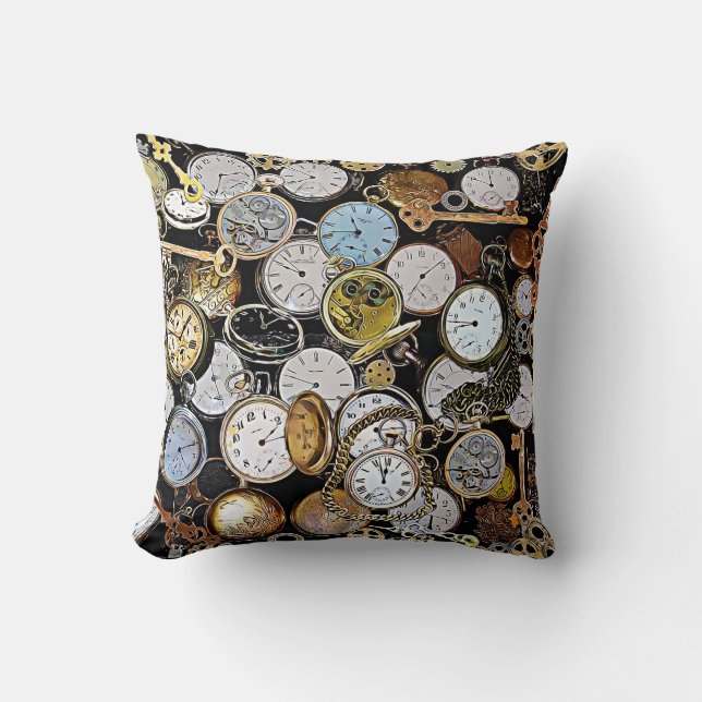 Steampunk Themed Pocket Watches, Gears, Clocks Throw Pillow (Front)