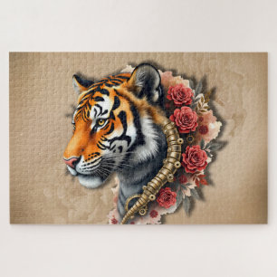 Steampunk Tiger with Roses Illustration.  Jigsaw Puzzle
