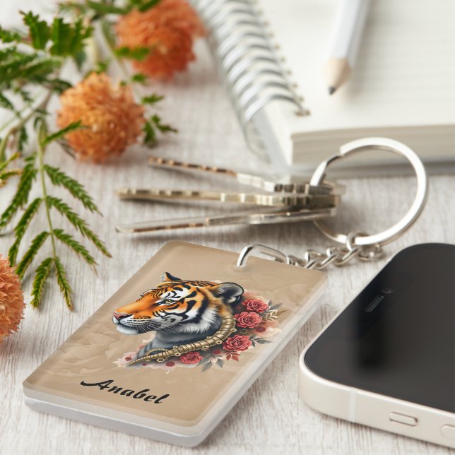 Steampunk Tiger with Roses Illustration Keychain (Front Right)