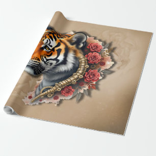 Steampunk Tiger with Roses Illustration. Wrapping Paper