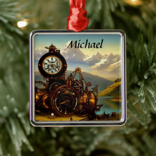 Steampunk Time Machine in Swiss Alps Personalized Metal Ornament