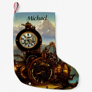 Steampunk Time Machine in Swiss Alps Personalized Small Christmas Stocking