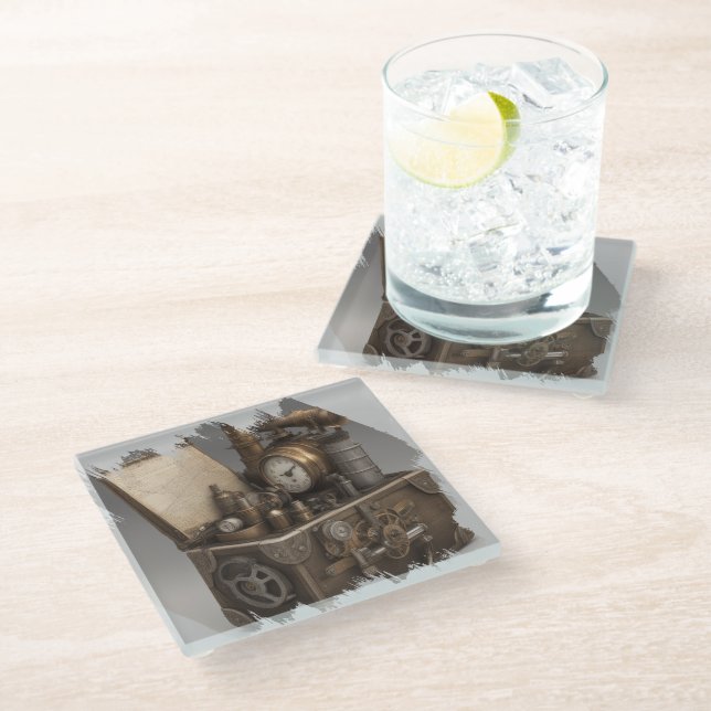 Steampunk Time Machine - Vintage Treasure Chest  Glass Coaster (Angled)