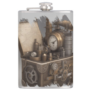 Steampunk Time Machine - Vintage Treasure Chest  Hip Flask
